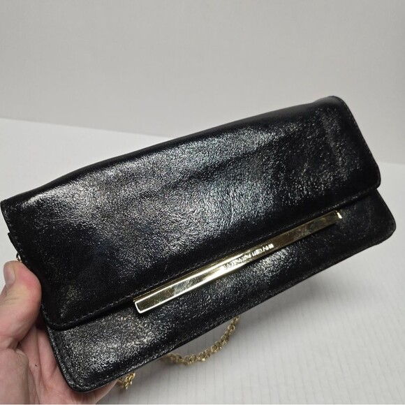 Antonio Melani Black Genuine Leather Evening Formal Clutch With Gold Chain - Picture 2 of 8